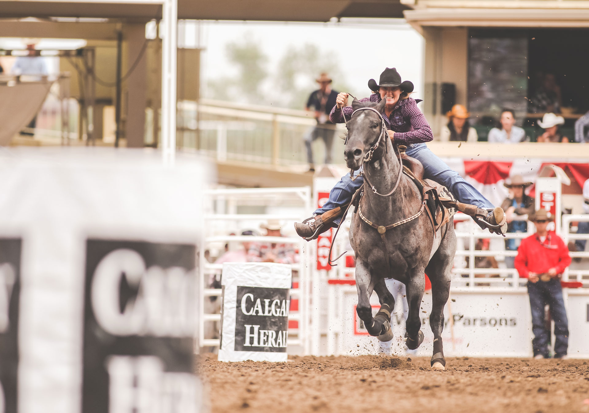 Cheer on the barrel racers at the Calgary Stampede rodeo.