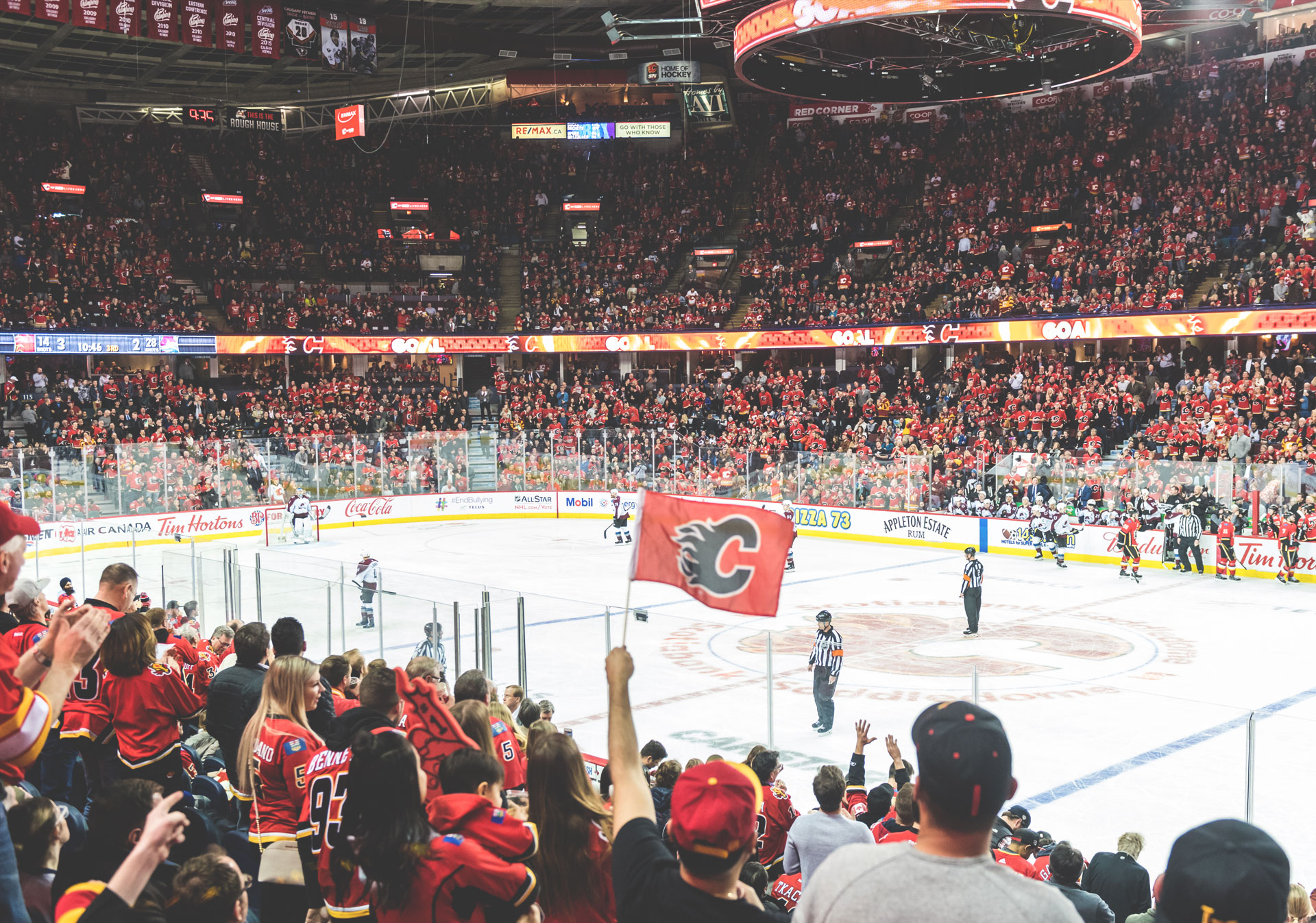 Wide shot of fans celebrating a goal at the Calgary Flames game