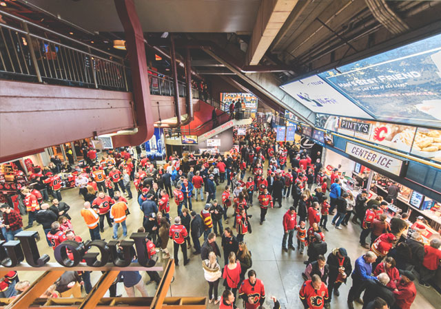 Fans exploring the concourse of the Scotiabank Saddledome