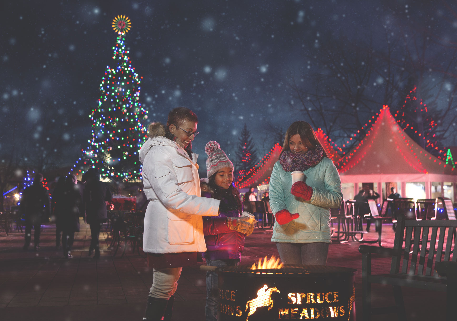 Warm up by the fire at the Spruce Meadows International Christmas Market.