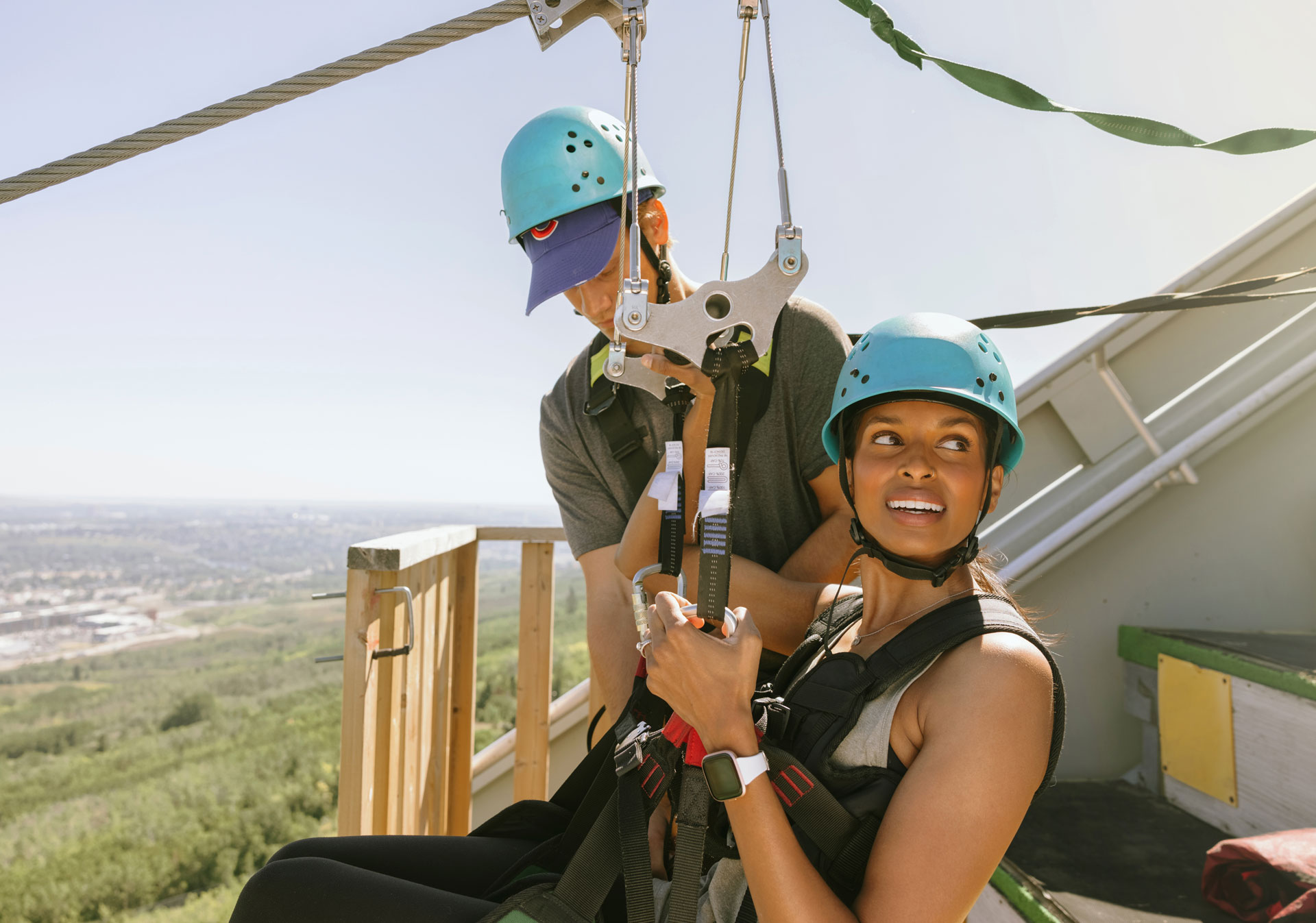 Gearing up to fly down the Monster Zipline at WinSport