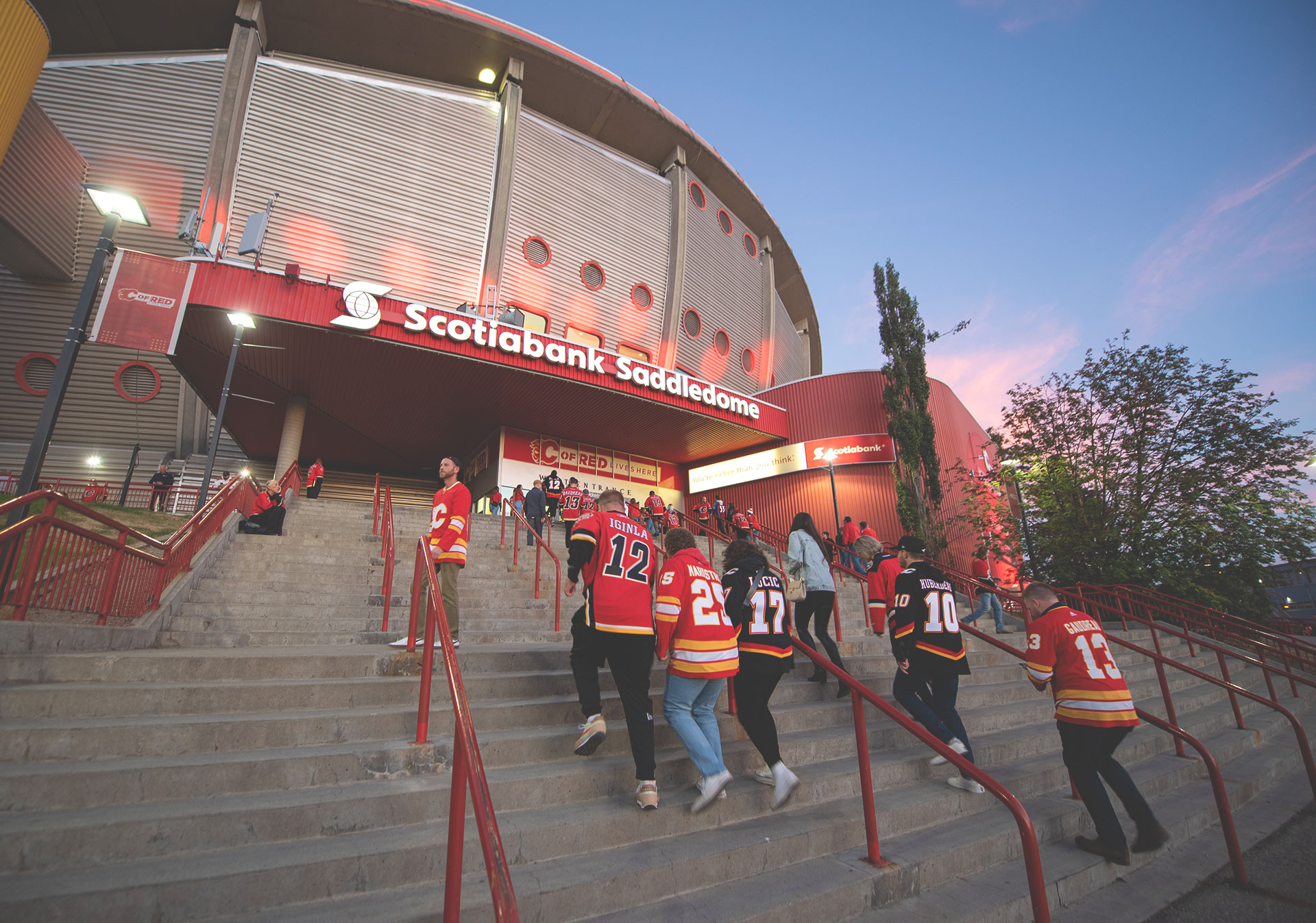 Calgary Flames Fans walking up to the Scotiabank Saddledome