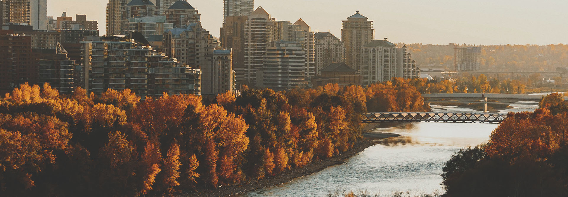 Aerial overlooking Sunnyside during autumn with the skyline and sunset in the background