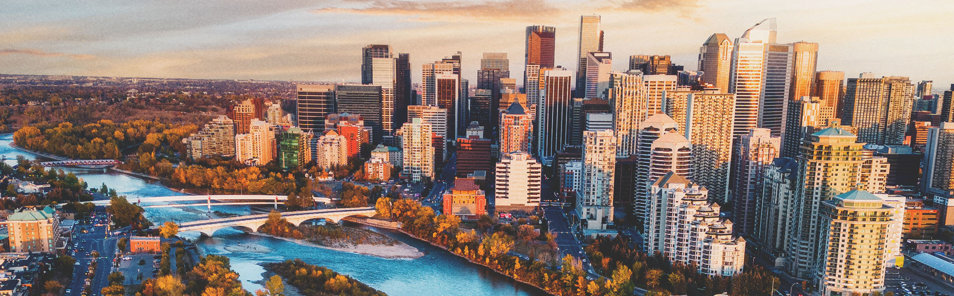 aerial photo of Calgary's skyline facing east during autumn