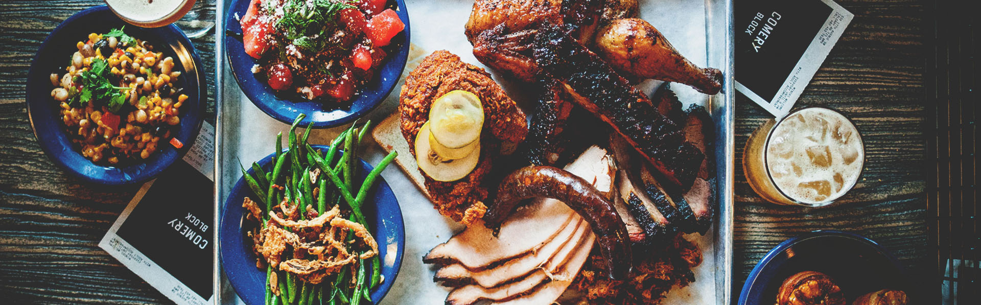 BBQ dinner spread from Comery Block