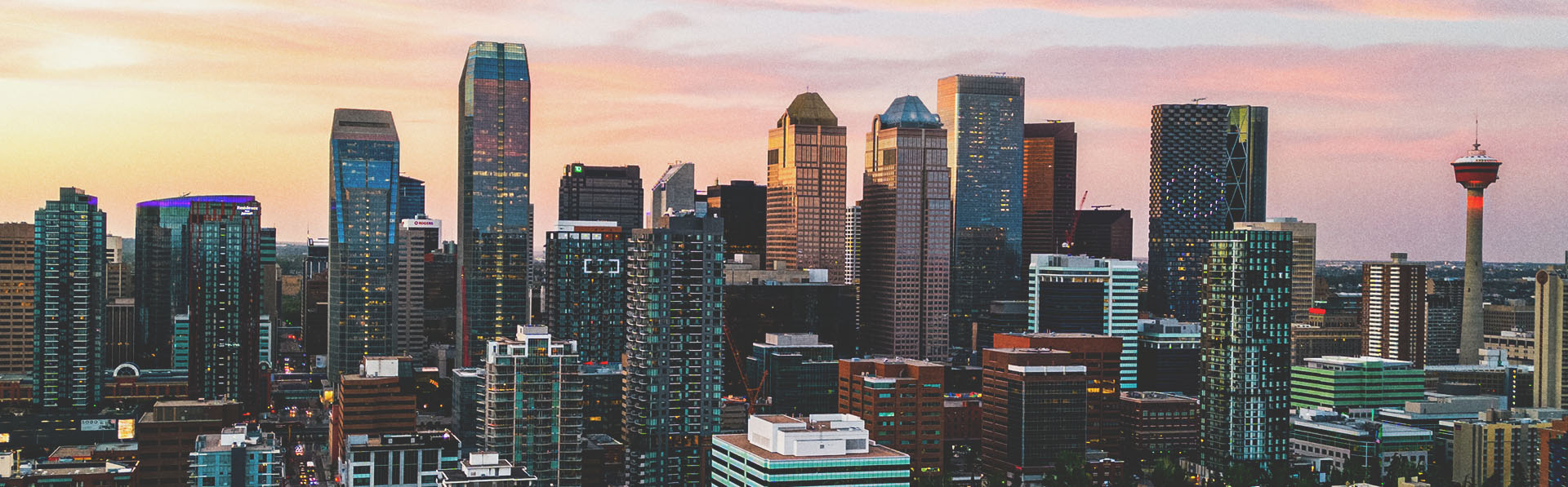 downtown Calgary skyline during a cotton candy sunset