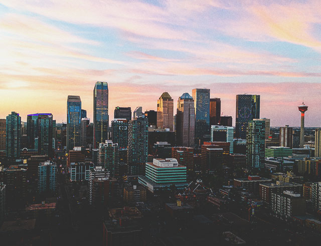 downtown Calgary skyline during a cotton candy sunset