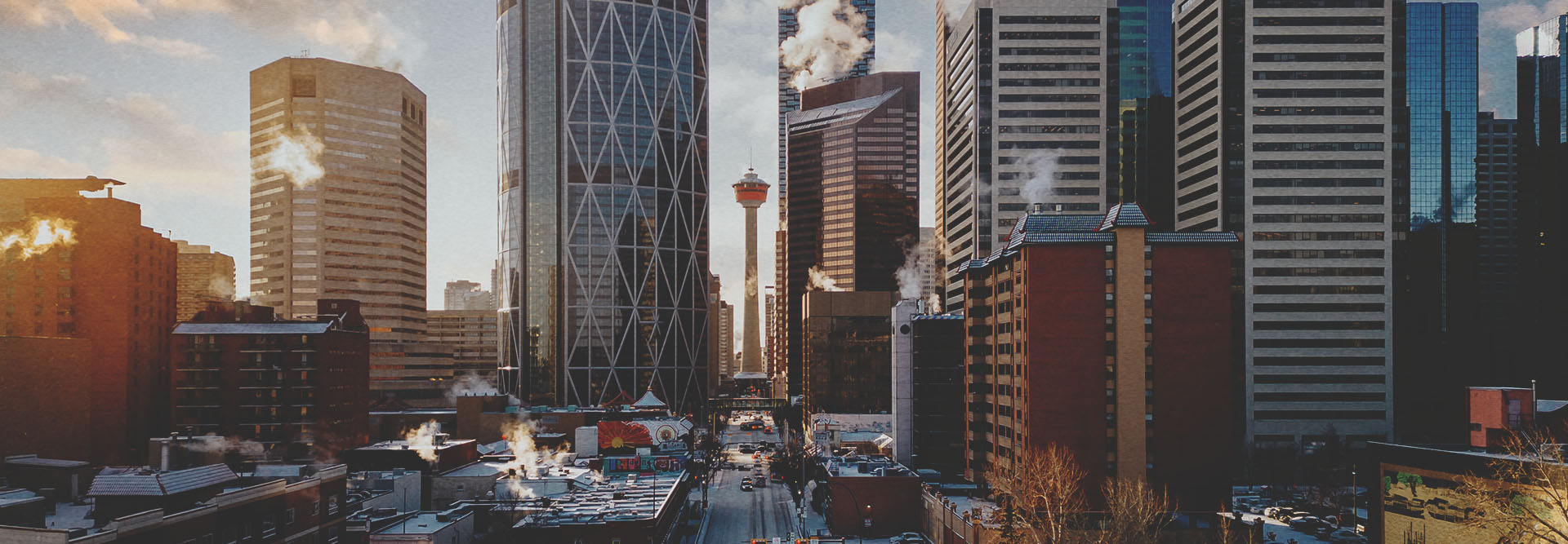 aerial skyline of downtown Calgary looking down centre street during winter