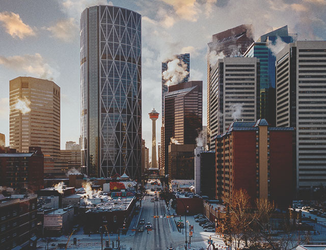 aerial skyline of downtown Calgary looking down centre street during winter