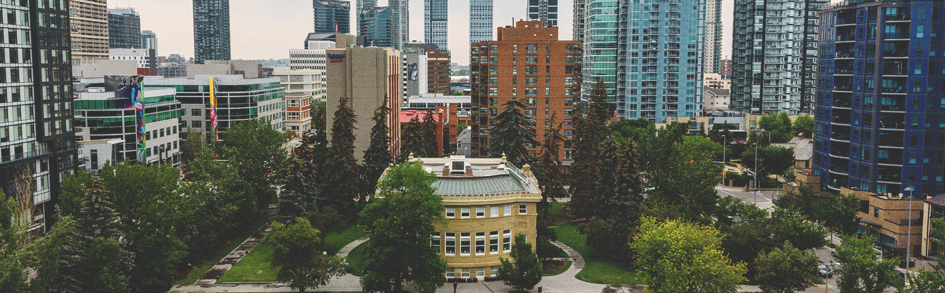aerial skyline of Central Memorial Park in Calgary's Beltline Neighbourhood