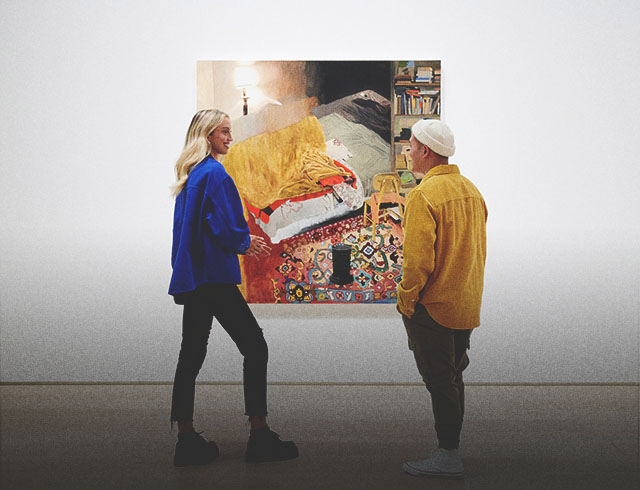 two people talking in front of an artwork at the Esker Foundation