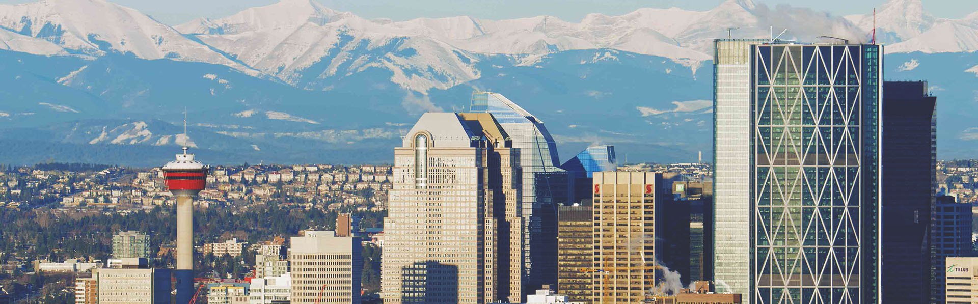 Calgary skyline with mountains in the background