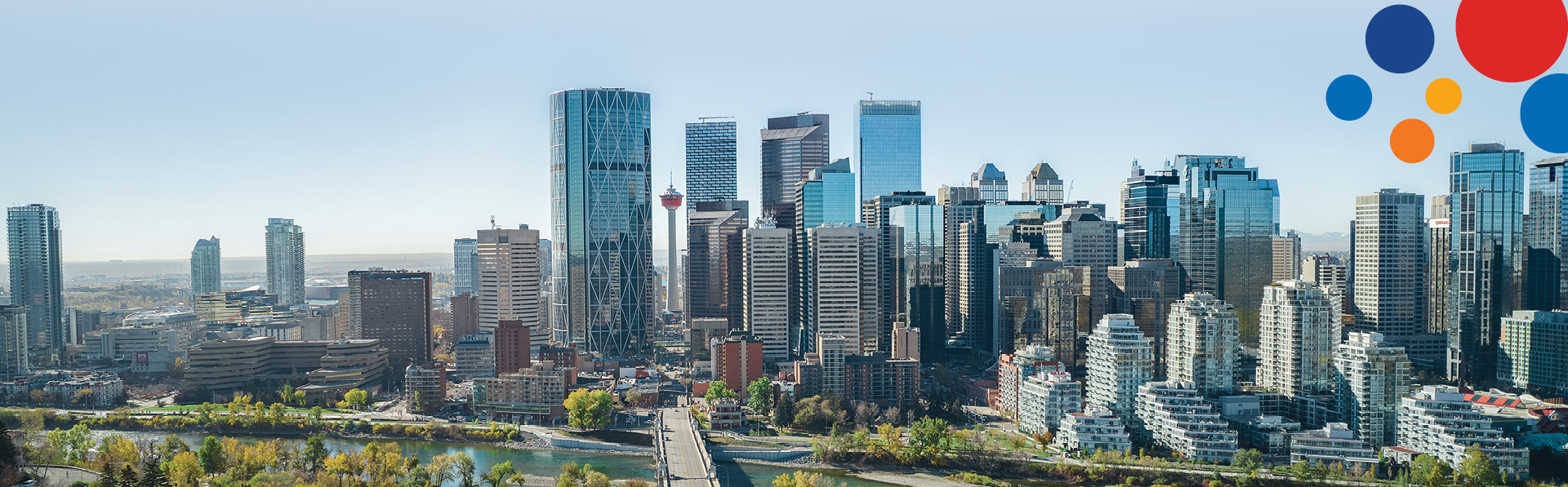 aerial of the Calgary skyline looking down Centre street during late summer