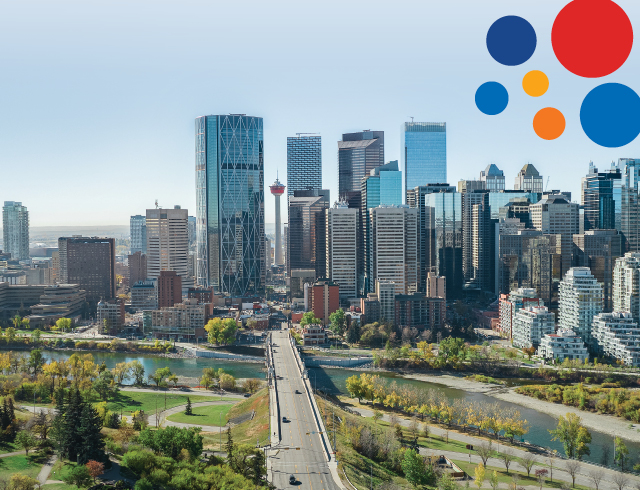 aerial of the Calgary skyline looking down Centre street during late summer