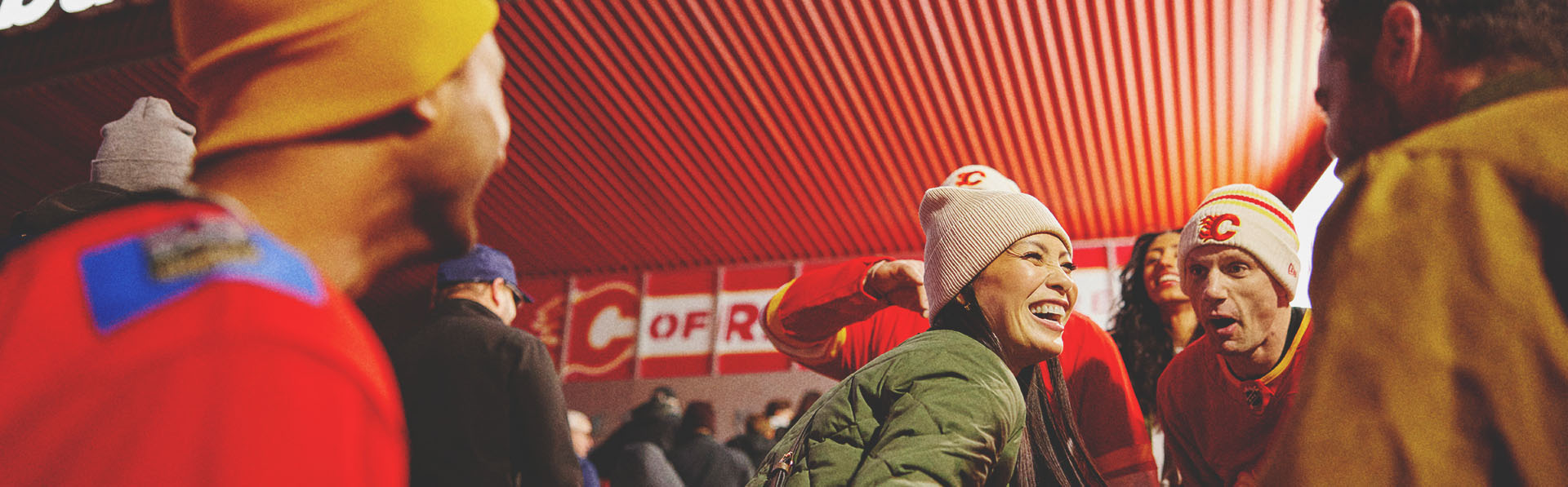 Calgary Flames fans showing team spirit outside the Scotiabank Saddledome
