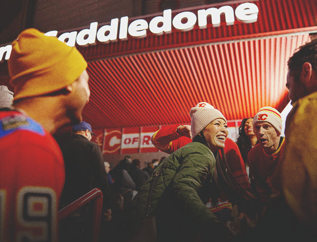 Calgary Flames fans showing team spirit outside the Scotiabank Saddledome