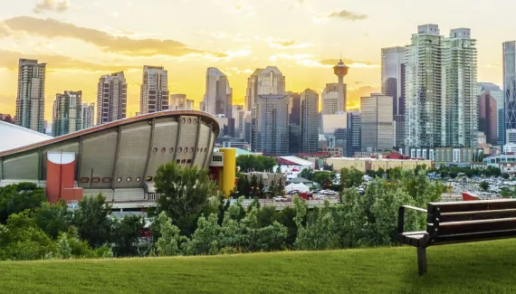 Calgary skyline overlooking the Scotiabank Saddledome