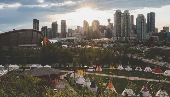 downtown Calgary skyline overlooking Elbow River Camp