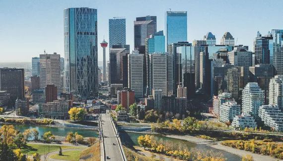 downtown Calgary skyline facing south down centre street during spring