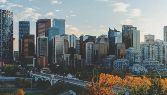 downtown Calgary skyline looking south down centre street during a late summer day