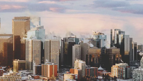 downtown Calgary skyline during a colourful sunrise in winter