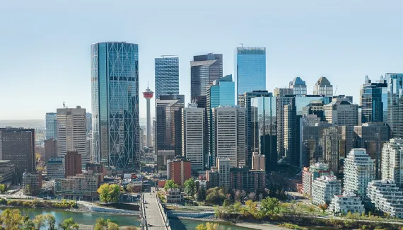 downtown Calgary skyline facing south down centre street during spring