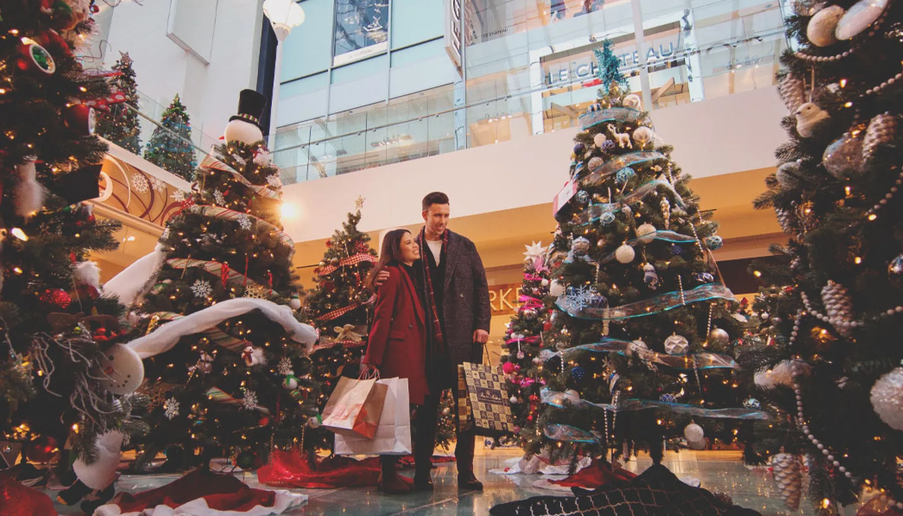 Christmas shopping is the CORE Calgary, surrounded by decorated Christmas trees