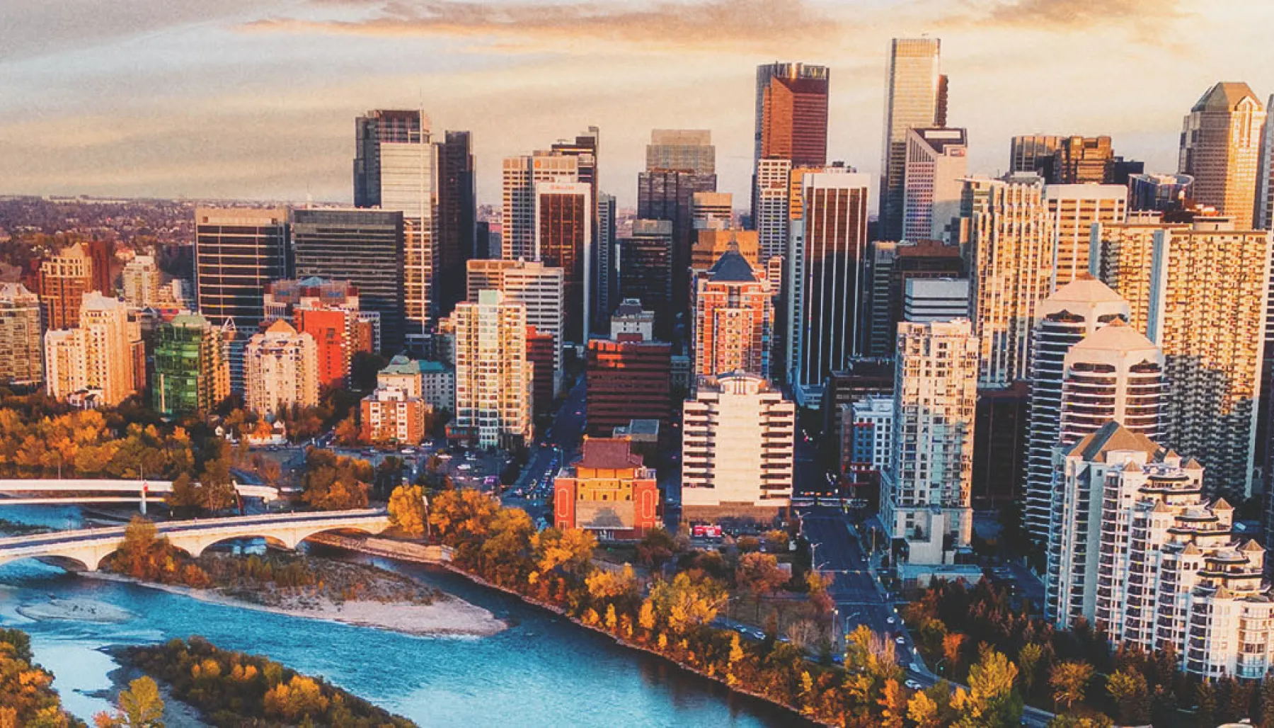 aerial photo of Calgary's skyline facing east during autumn