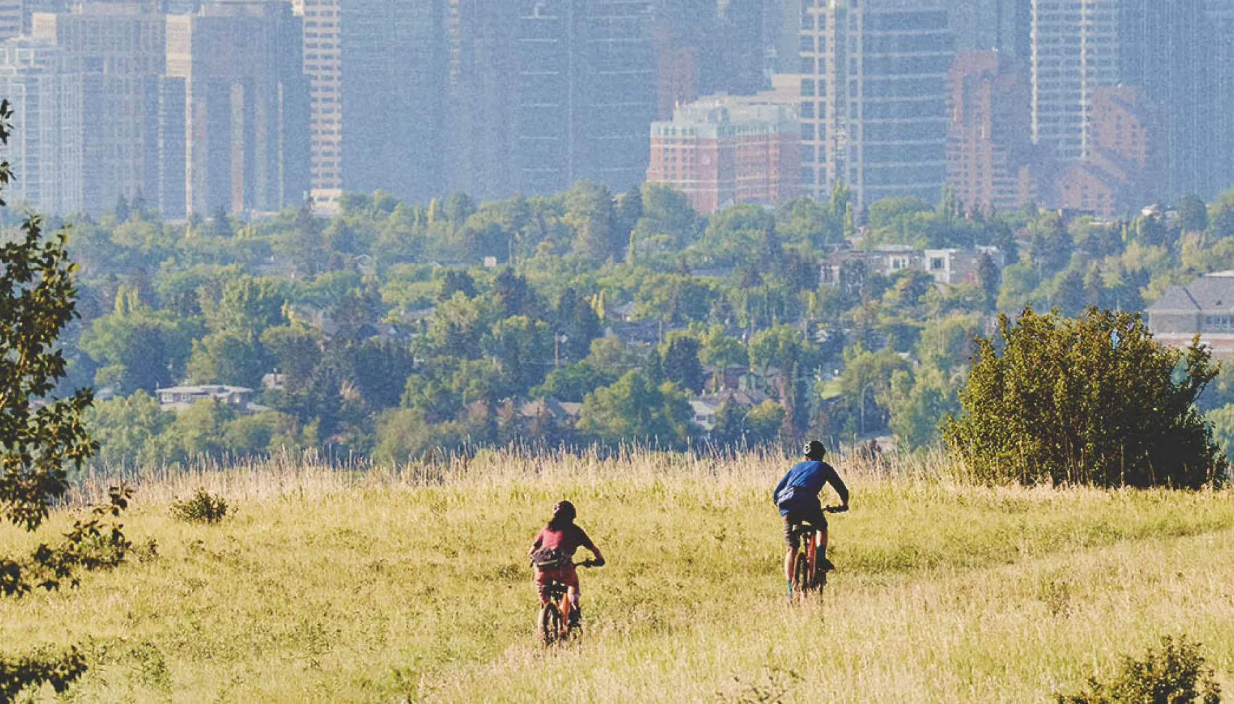 two people biking in Nose Hill park with the downtown skyline in the background