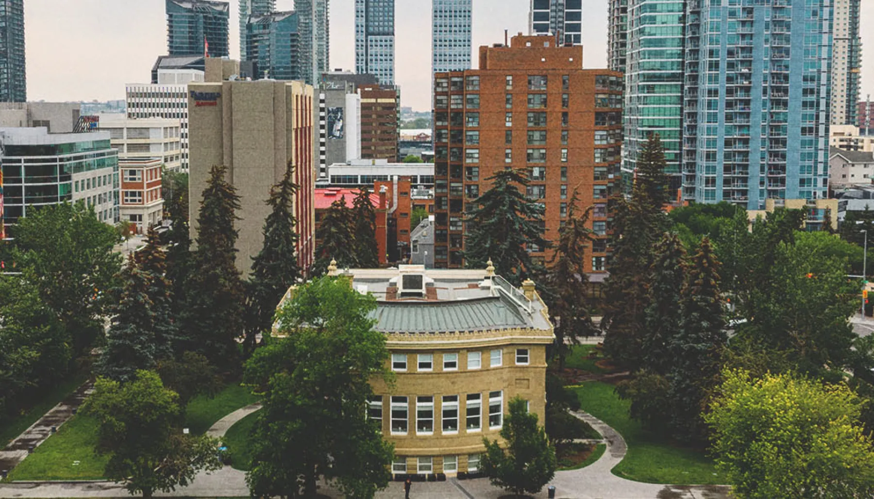 aerial skyline of Central Memorial Park in Calgary's Beltline Neighbourhood