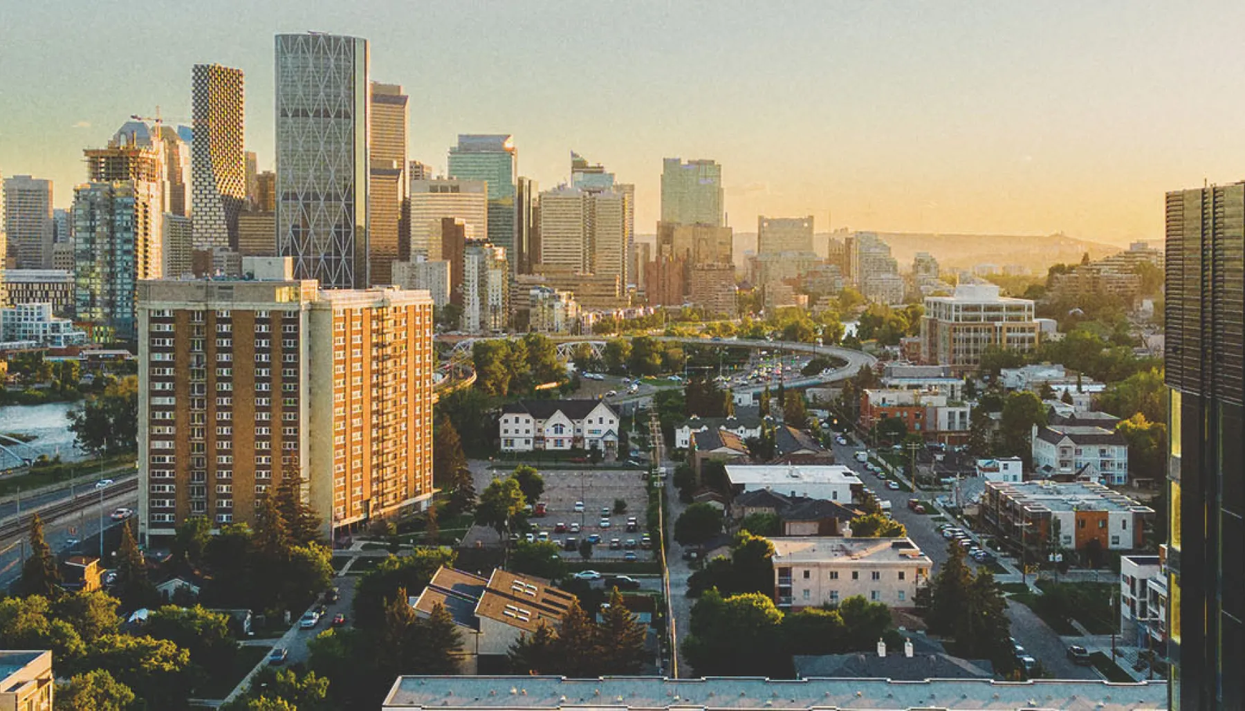 skyline view of the Bridgeland community with downtown Calgary in the background