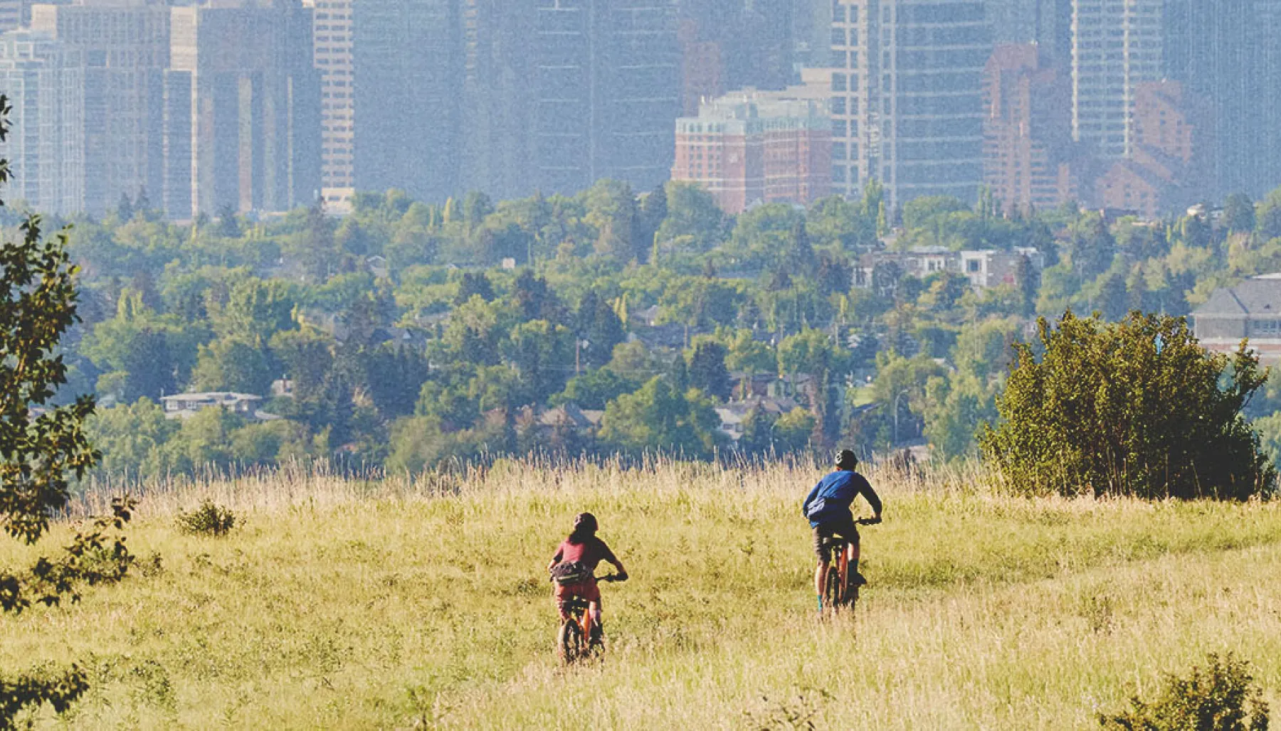cyclists biking through Nose Hill Park with the Calgary skyline in the background