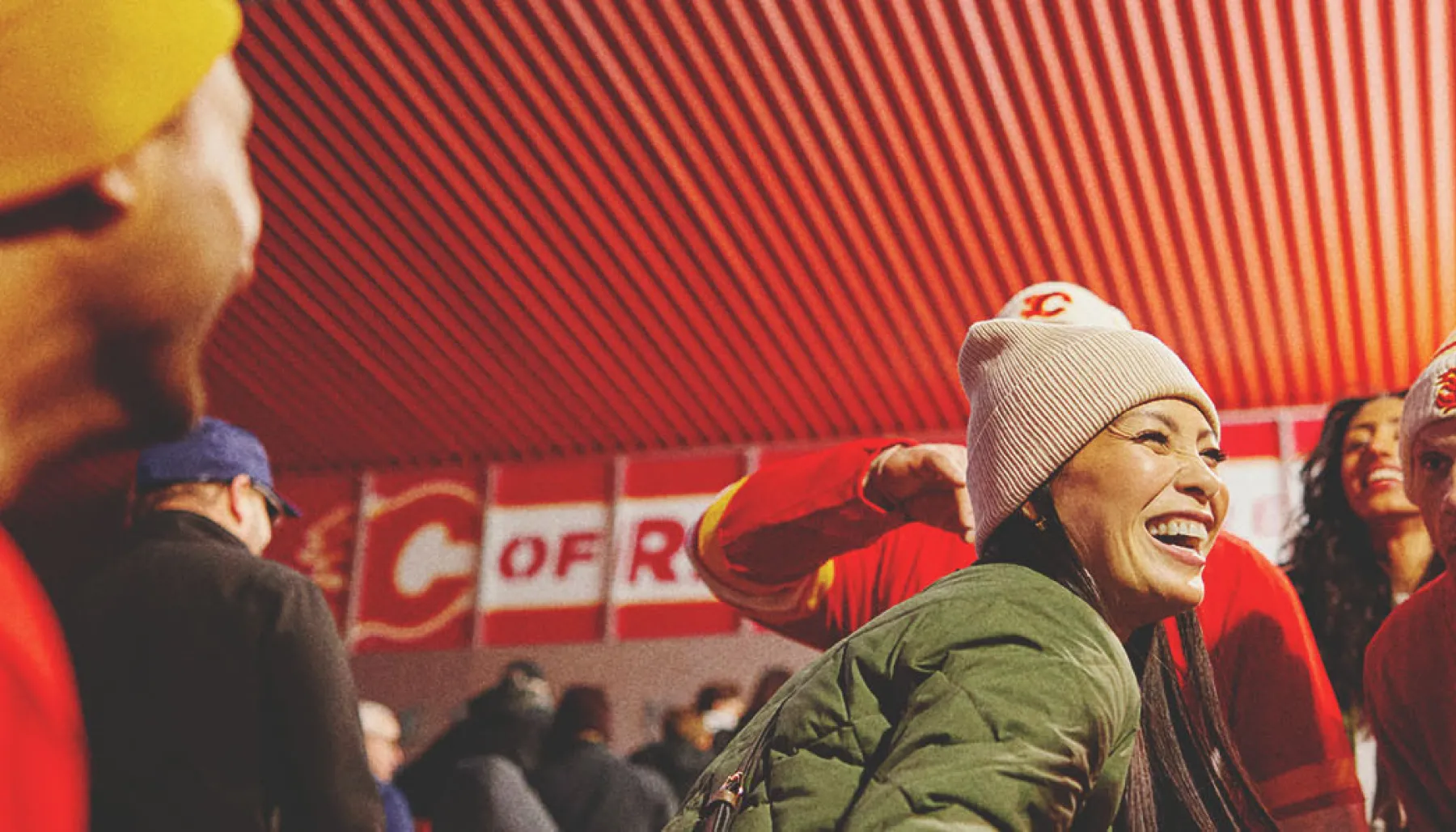 Calgary Flames fans showing team spirit outside the Scotiabank Saddledome