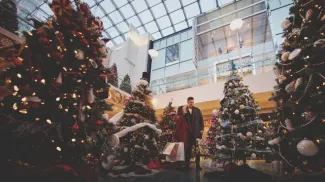 Christmas shopping is the CORE Calgary, surrounded by decorated Christmas trees