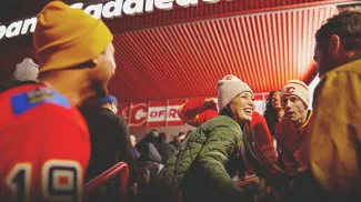 Calgary Flames fans showing team spirit outside the Scotiabank Saddledome