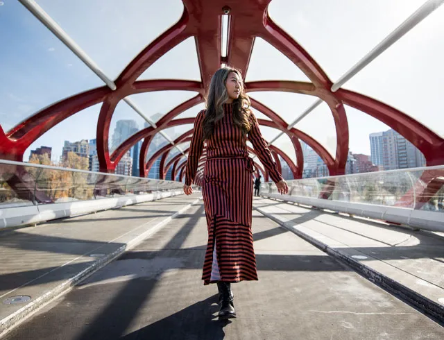 Women walking over the Peace Bridge
