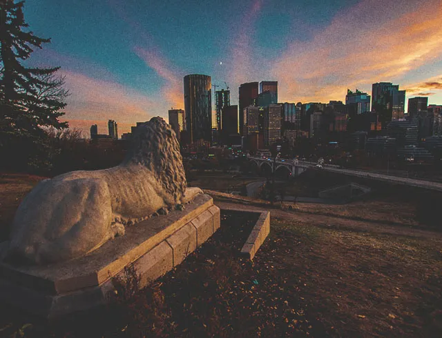 Calgary lion statue in Rotary Park overlooking downtown during sunset