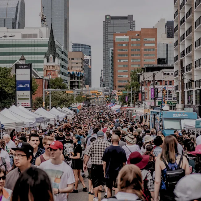 a crowd in downtown Calgary