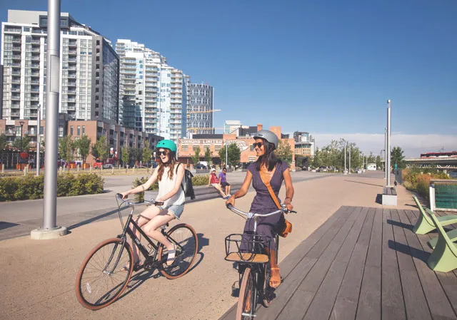 Biking in East Village in Calgary