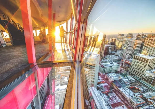 Inside the Calgary Tower's observation deck and the glass floor
