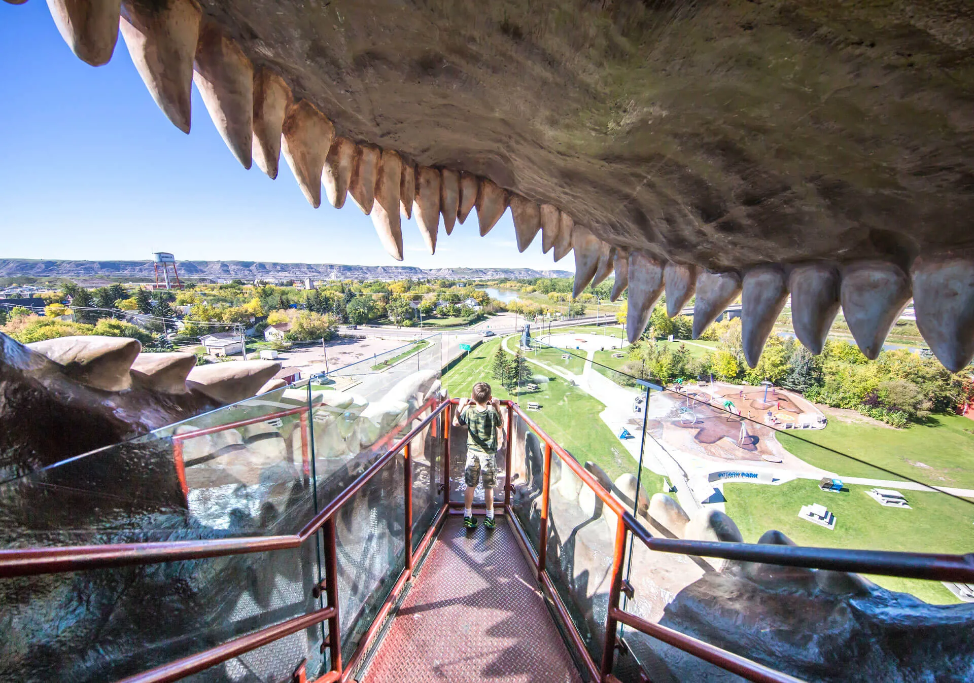 Looking out over Drumheller from the mouth of the largest t-rex in the world.