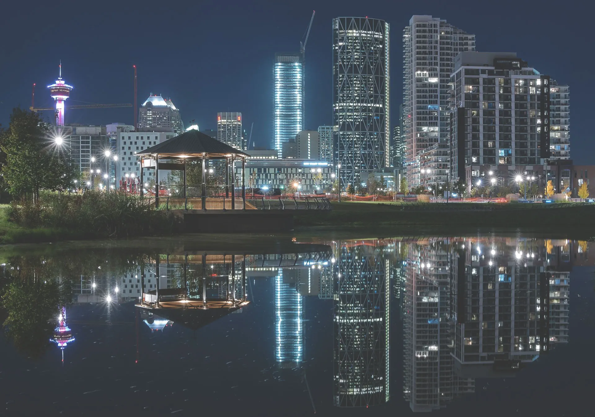 West facing Calgary skyline at night