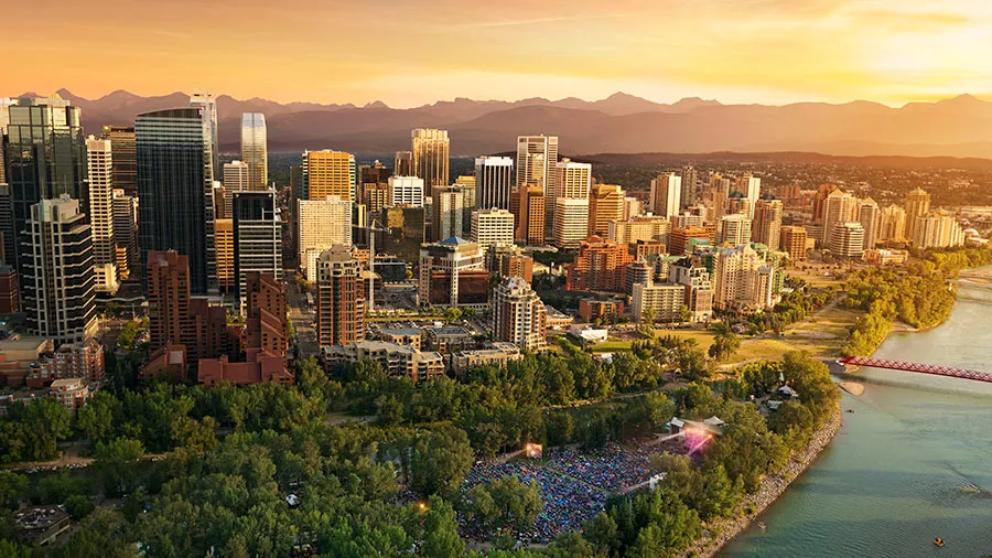 Aerial view of Calgary's skyline overlooking Prince's Island Park