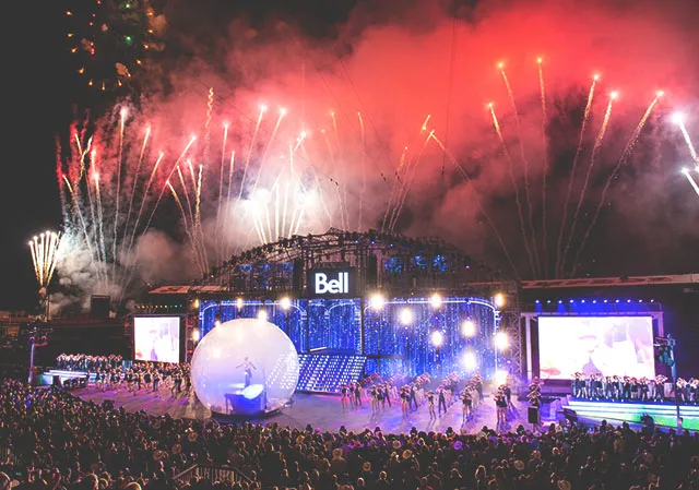 fireworks and performers on stage during the Bell Grandstand Show