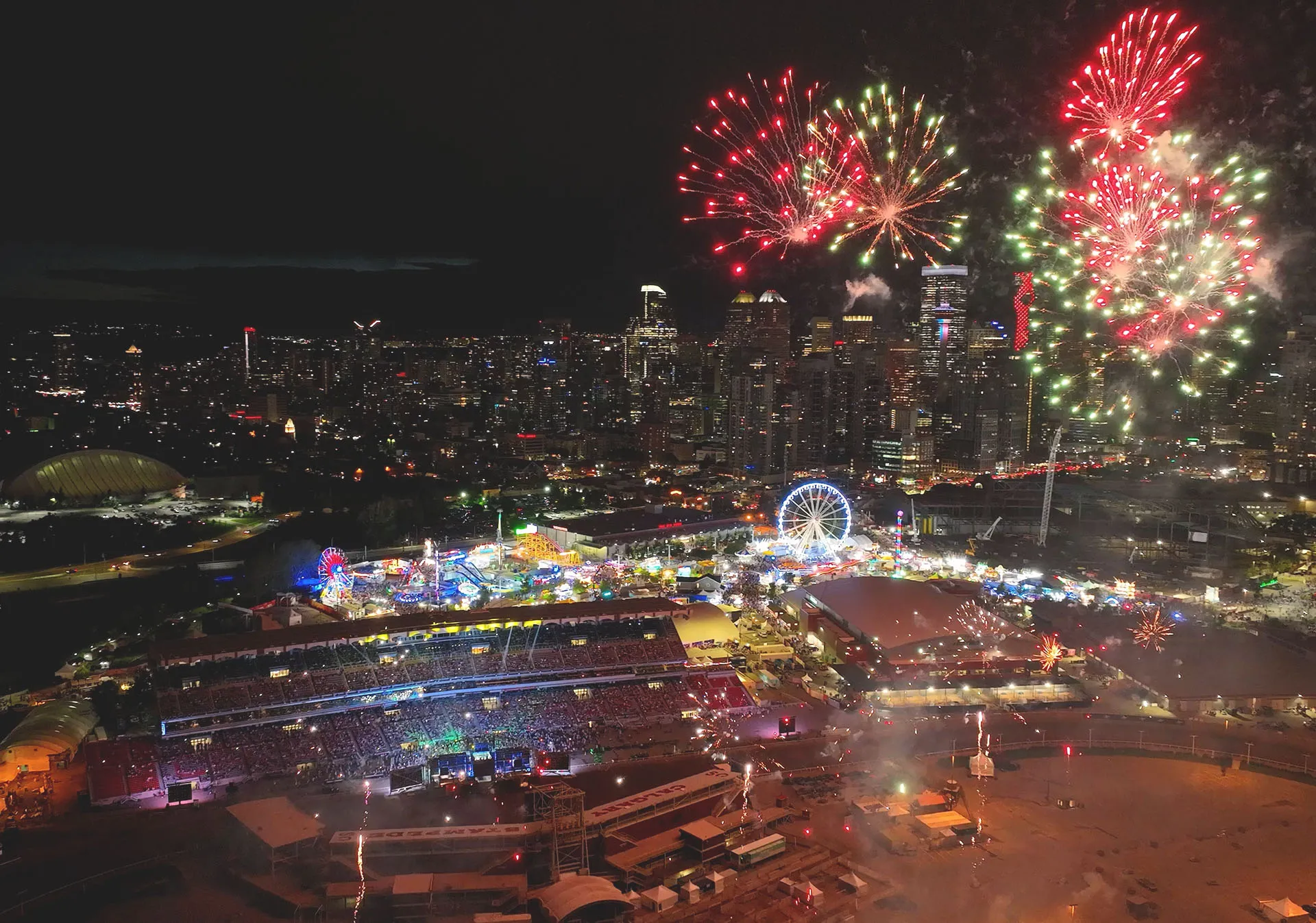 aerial view of the nightly fireworks at Calgary Stampede