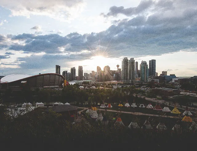 downtown Calgary skyline overlooking Elbow River Camp