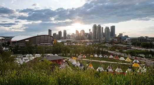 downtown Calgary skyline overlooking Elbow River Camp