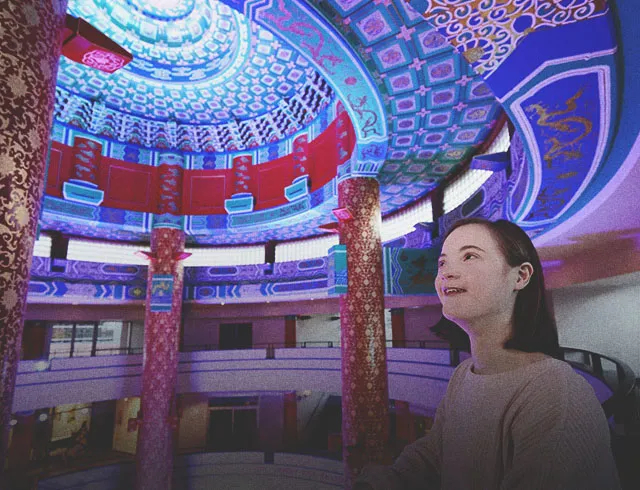 girl admiring the interior of the Chinese Cultural Centre
