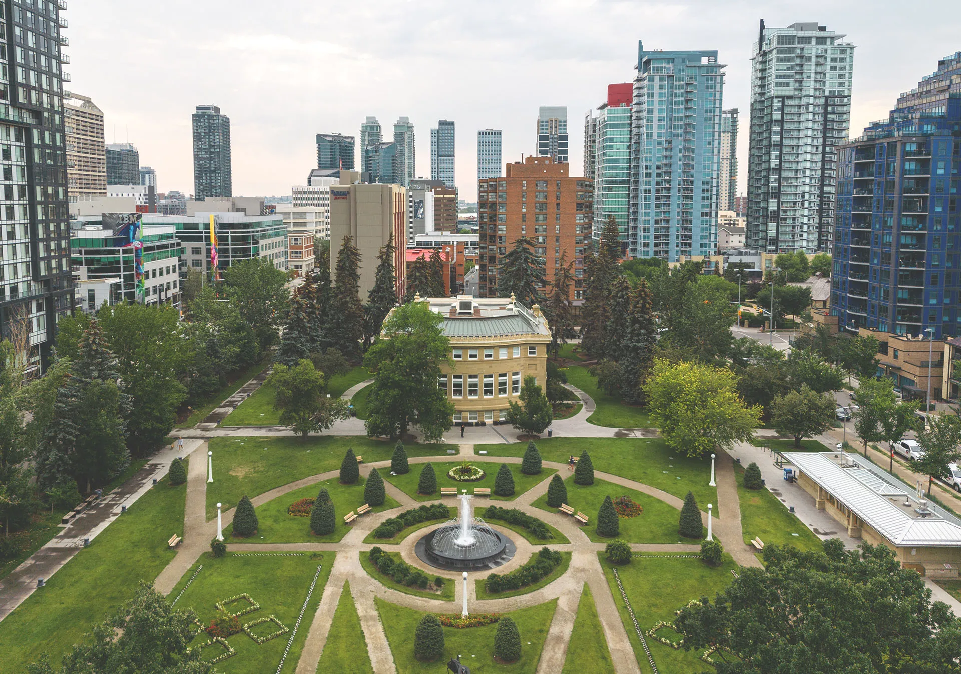 aerial east facing shot of Central Memorial Park in the Beltline neighbourhood of Downtown Calgary