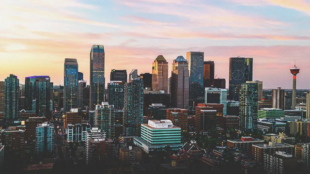 downtown Calgary skyline during a cotton candy sunset